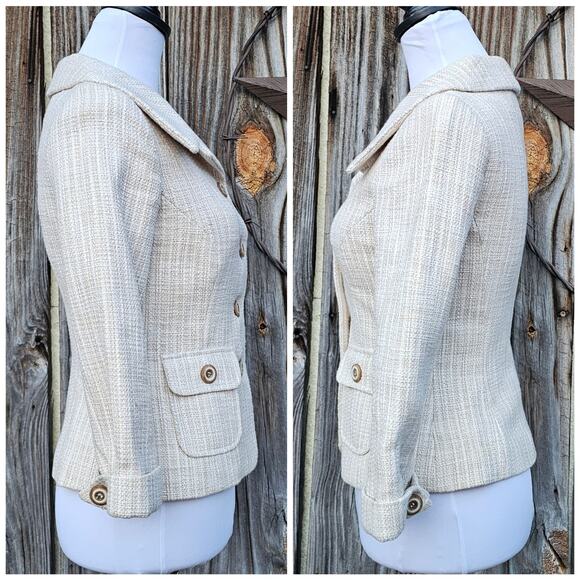 Tweed Blazer WHBM Size 0 Button Front Beige Flap Pockets Crop 3/4 Sleeve Jacket - Picture 3 of 11
